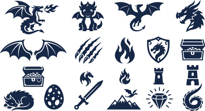 Fantasy icons, dragon symbols, medieval vector graphics, 20 blue illustrations