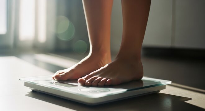 Person standing on a digital scale to measure body weight.