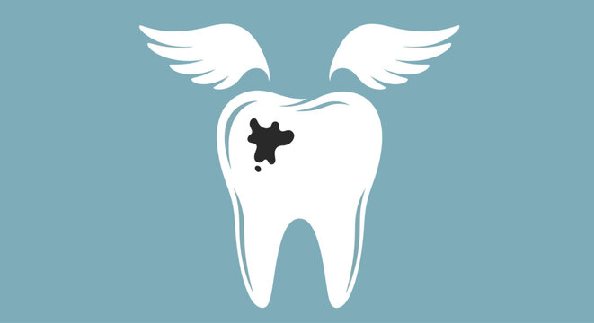 Dental icon, tooth logo, winged tooth, black cross symbol, blue background, vector graphic