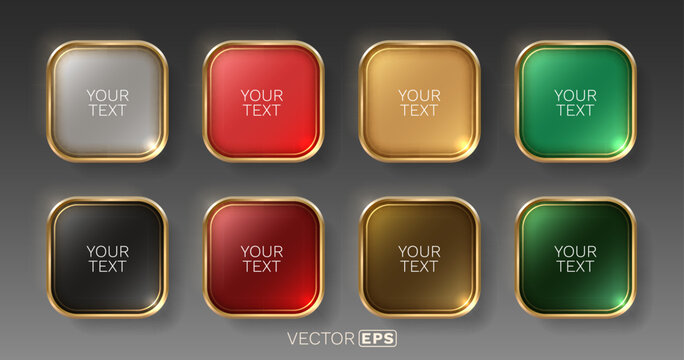 Set of elegant glossy buttons with golden metallic frames. Featuring various colors for modern UI design.