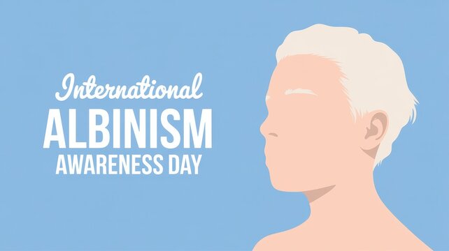 International Albinism Awareness Day banner with profile silhouette of person with albinism on blue background
