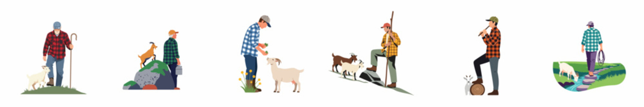 Set of illustrations depicting shepherds and goatherds in plaid shirts caring for their goats in various peaceful, rural, and mountainous settings.