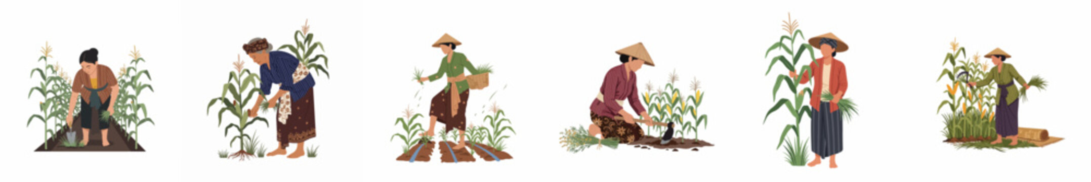 Collection of Indonesian female farmers in traditional clothing working in cornfields, planting, harvesting, and weeding with various agricultural tools.