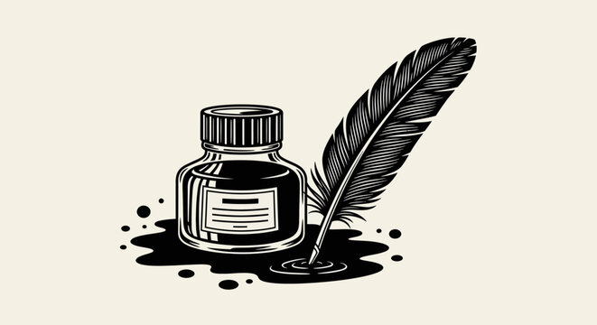 Vintage inkwell, quill pen, black ink, illustration, vector graphic, writing instrument, calligraphy, drawing tools