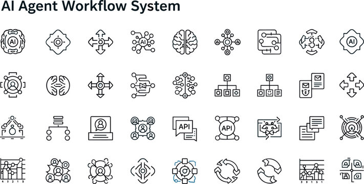 AI Agent Workflow System Icons Set with Automation Network Data Process and Artificial Intelligence Symbols in Outline Vector Style