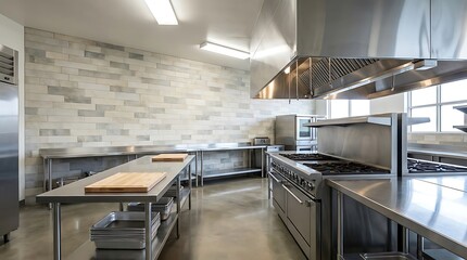 Fototapeta premium Professional commercial kitchen interior with stainless steel appliances and brick wall