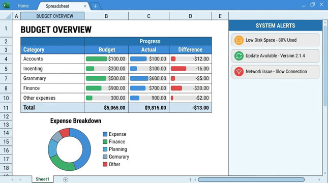 Modern digital spreadsheet software user interface displaying corporate budget data overview with financial analytics charts and notification system alerts in a flat vector design.