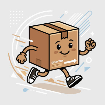 Cartoon running cardboard box character for fast delivery services.