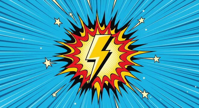 Comic book style speech bubble with lightning bolt and zoom effect