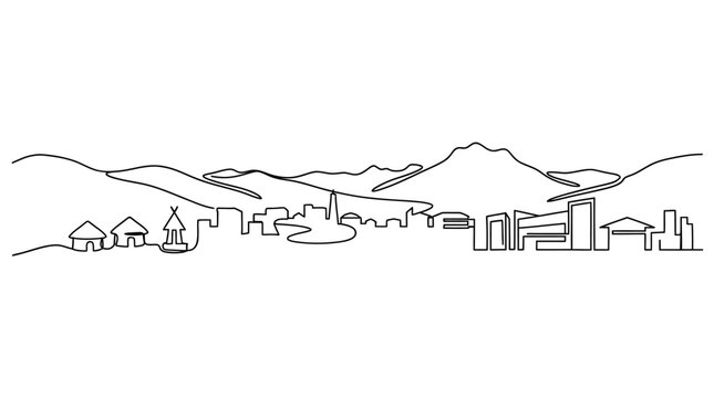 Minimalist Vector Illustration of Qachas Nek City Skyline Silhouette Featuring Iconic Landmarks and Mountain Peaks in Lesotho Africa Isolated on White Background