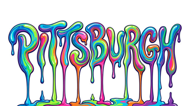 Artistic Pittsburgh typographic lettering design featuring vibrant liquid paint drips, colorful melting ink, urban street art style, and psychedelic rainbow splash on white backdrop.
