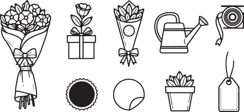 Vector icons set of flowers plants and gardening tools black and white Vector