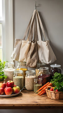 Sunlit kitchen counter with glass jars of bulk grains, fresh apples and carrots, and hanging canvas tote bags by window, capturing zero waste lifestyle and plastic free pantry