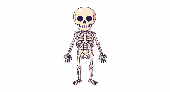 Cartoon Human Skeleton Standing Isolated White Background.