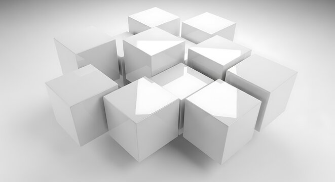 Group of shiny white 3d cubes arranged in a modern geometric pattern on a smooth surface for design. 12 square boxes