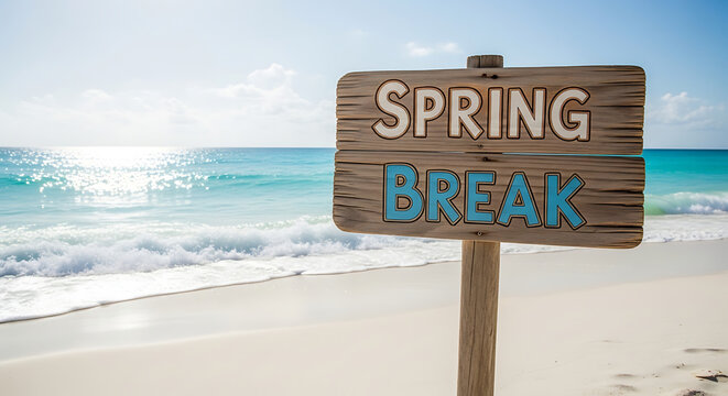 Wooden Spring Break Sign on a Sunny Tropical Beach with Turquoise Ocean Water