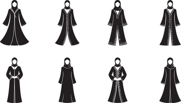 abaya with lace line art icon bundle set black silhouette art