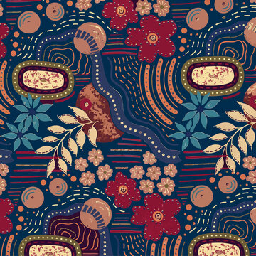Creative seamless abstract ethnic pattern inspired by traditional folk art and aboriginal dot motifs. Featuring playful floral shapes, textured organic elements, and linear details, this unique print 