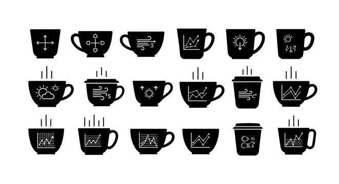 Set of coffee mug icons featuring various weather climate indicators and graphical data analysis charts isolated on white background in flat black graphic design