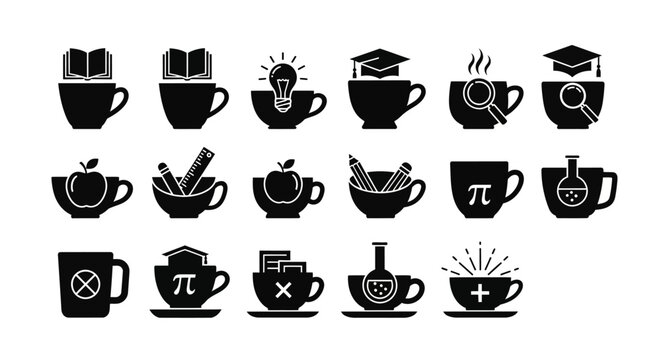 Academic and school themed coffee mug icons set featuring books mortarboards and science equipment isolated on white background for educational design themes