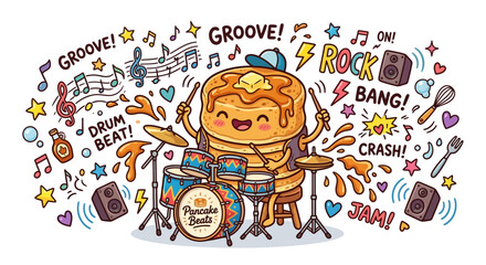 Fototapeta premium Funny Pancake Drummer Character with Music Doodles Vector