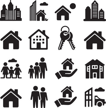 house flat design icons for property sale lease agent and moving van