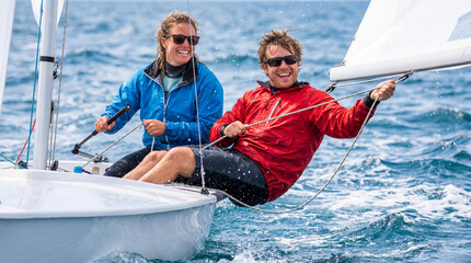 Obraz premium Young couple sailing together, enjoying the moment on the water with bright smiles