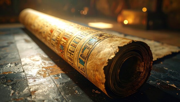 Ancient Egyptian papyrus scroll intricately displaying vibrant hieroglyphs and faded inks, a testament to historical wisdom