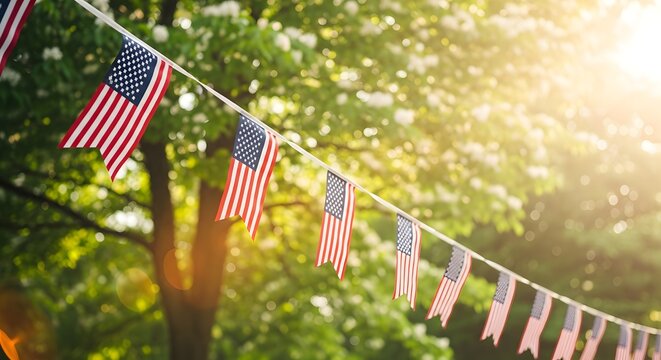 American flag bunting hanging in a sunny park