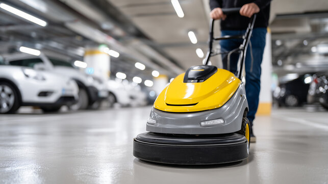 Floor cleaning machine in use at indoor parking area for vehicles