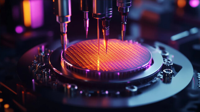 High tech semiconductor wafer processing with robotic needle probes in futuristic laboratory neon lighting