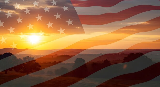 American flag over landscape during sunset