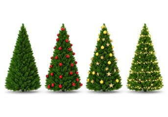 Obraz premium Set of Four Beautifully Decorated Christmas Trees Isolated on White Background - Plain, Red Baubles, Gold Stars, and Lights