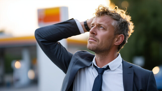 stock photo of a tired Europeans salaryman loosening his tie while standing in front of a gas station price sign, staring up at it with a defeated expression. Evening light, suit s