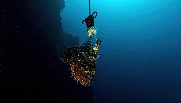 Deep sea anglerfish with bioluminescent lure suspended in dark ocean depths near rocky cliff