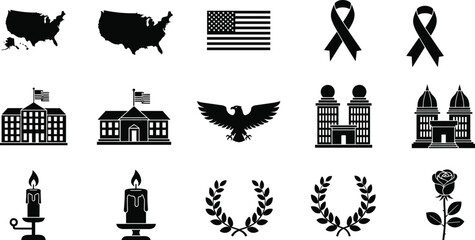 Fototapeta premium American Memorial and Patriot Day Silhouette Icon Set Featuring United States Map Flag Government Buildings Eagle Laurel Wreath Candle and Remembrance Ribbons