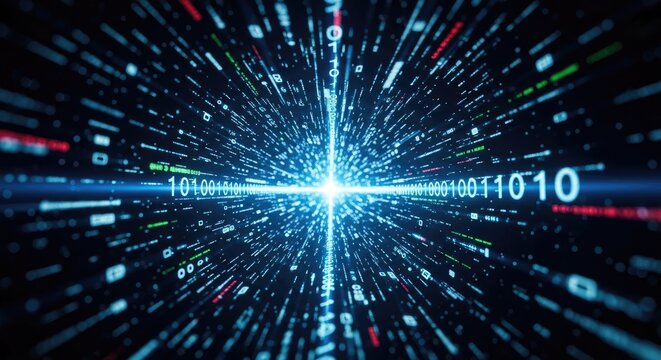 Digital Data Stream in Cyberspace with Binary Code and Light Trails.