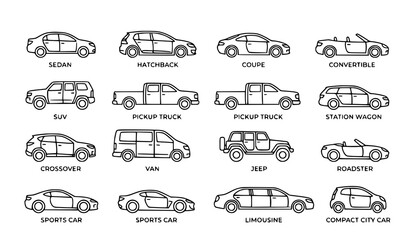 Minimalist automobile body type vector collection with modern car outline illustrations isolated on white © MdRabbi
