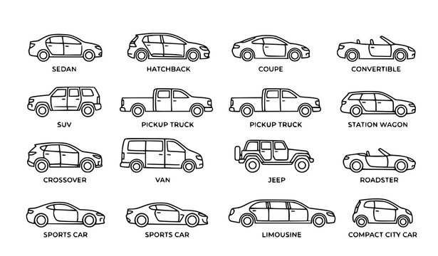 Minimalist automobile body type vector collection with modern car outline illustrations isolated on white
