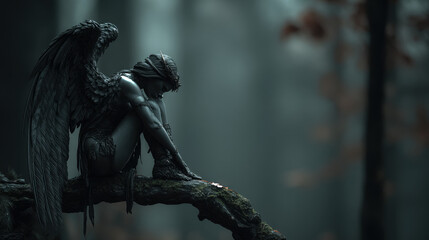 Fototapeta premium Dark stone angel sculpture sitting on tree branch in foggy forest atmospheric moody cinematic background