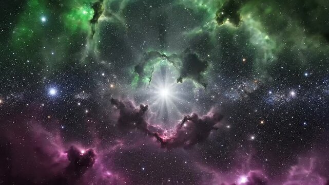 Vibrant cosmic landscape with green and purple nebulae stars and stardust in deep space astronomy background