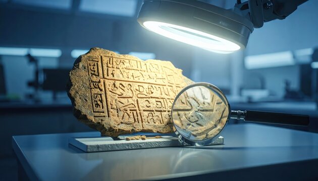 Ancient Ugaritic cuneiform script fragment under study with magnifying glass and bright light