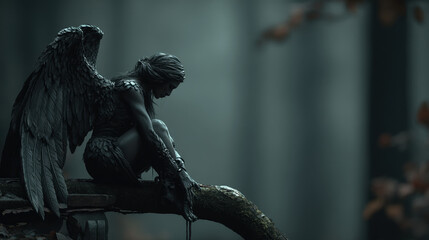 Fototapeta premium Dark stone angel sculpture sitting on tree branch in foggy forest atmospheric moody cinematic background
