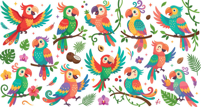 Colorful Tropical Parrot Bird Collection with Exotic Jungle Flowers, Leaves, Branches, and Cute Cartoon Wildlife Characters Illustration