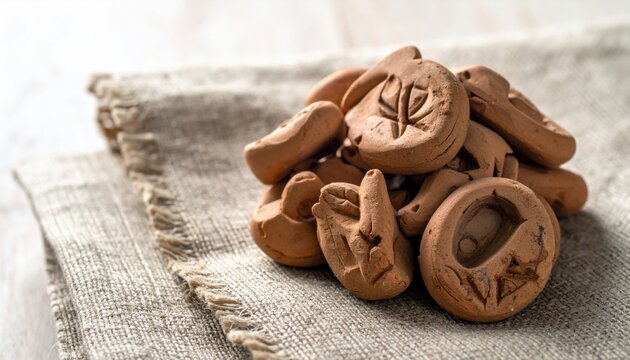 A pile of ancient hand-shaped clay tokens with unique imprints placed on a textured fabric surface