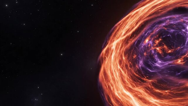 Vibrant swirling purple and orange galaxy in deep space with stars cosmic energy