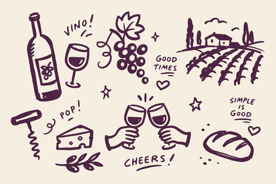 Wine Tasting Vineyard Elements Set Purple Doodle Sketch Vector