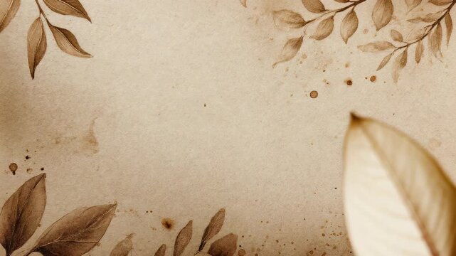 Vintage paper background with watercolor leaves, coffee stains, perfect for invitations or artistic projects. Elegant botanical design blends rustic charm with timeless style for creative inspiration