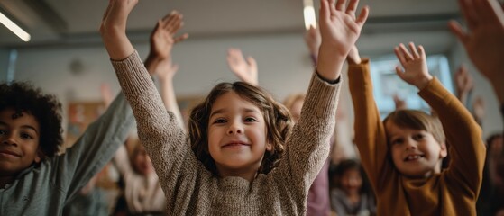 Fototapeta premium Children with arms raised in classroom