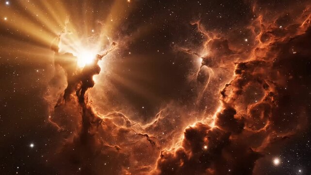 Vibrant orange nebula with bright stars and cosmic dust in deep space celestial wonder with radiant beams